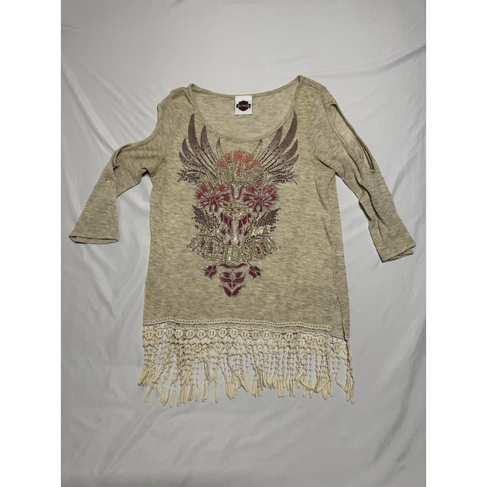 Ladies Harley Davidson Long‎ Sleeve T-shirt Shoulder Cut Out Women's Size M